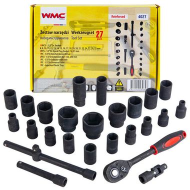 Набор инструментов 1/2''27пр. (головки 8-32мм,трещотка,вороток.удлинитель,кардан,свечная головка) WMC TOOLS WMC-4027