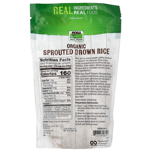 NOW Foods, Real Food, органический проросший бурый рис, необработанный, 454 г (16 унций)