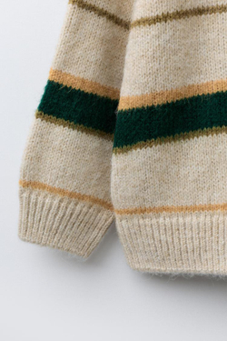 ZARA ТРИКОТАЖНЫЙ ДЖЕМПЕР В ПОЛОСКУ, БЕЖЕВЫЙ/ЗЕЛЕНЫЙ