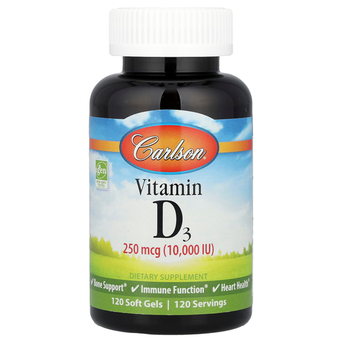 Carlson, Витамин D3, 250 мкг (10 000 МЕ), 120 мягких желатиновых капсул