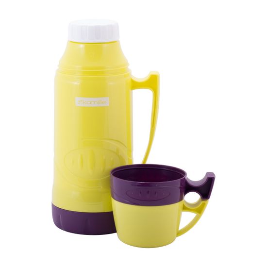 Термос 1 л. со стеклянной колбой Kamille KM 2031 пластиковый, 2 чашки