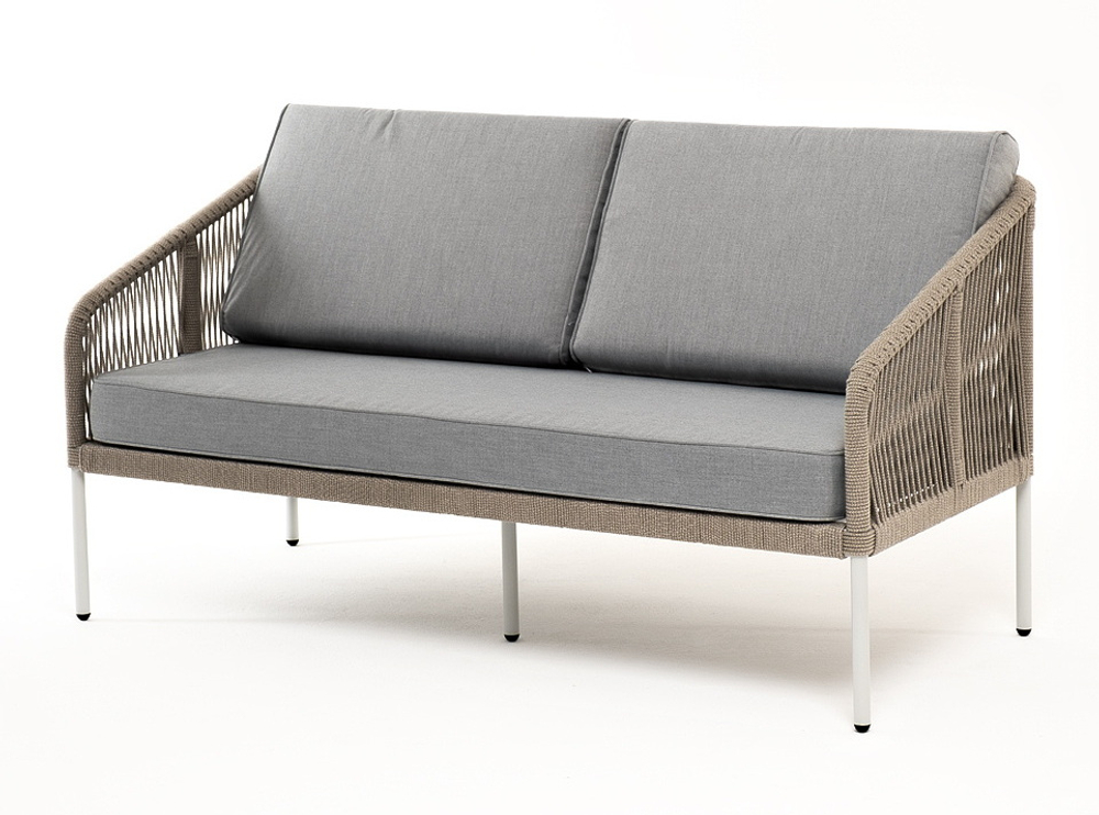 "Канны" диван 2-местный плетеный из роупа, каркас алюминий светло-серый (RAL7035) шагрень, роуп серый меланж круглый, ткань светло-серая
