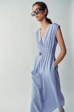 ZARA ЛЬНЯНОЕ ПЛАТЬЕ МИДИ СО СКЛАДКАМИ, СИНИЙ