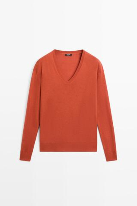 Massimo Dutti Джемпер из шерсти с V-образным вырезом, жжено-оранжевый