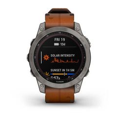 Умные часы Garmin FENIX 7 Sapphire Solar титановый серый с коричневым кожаным ремешком