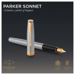 Ручка перьевая PARKER "Sonnet Core Stainless Steel GT", корпус серебристый, позолоченные детали, черная, 1931504