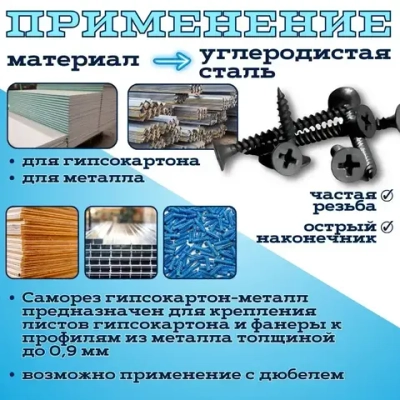 Саморезы гипсокартон металл черные 3.5х32 Крепдил 500 шт