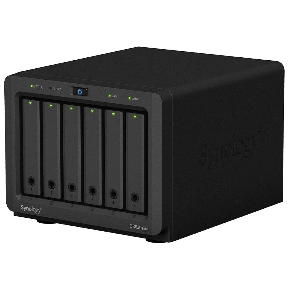 Synology DS620slim Сетевое хранилище DC2,0GhzCPU/2Gb(upto6)/RAID0,1,10,5,6/up to 6HDDs SATA 2,5'/2xUSB 3.0/2xGigEth/iSCSI/2xIPcam(up to 25)/ 1xPS/2YW