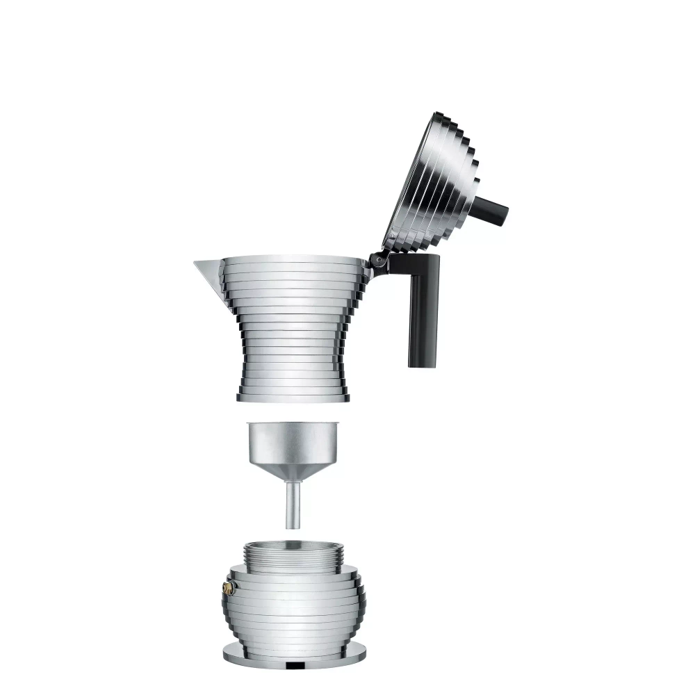 Alessi - Алюминиевая турка кофеварка высокого давления Pulcina на 3 чашки. черная ручка / артикул   MDL02/3 B  / GTIN 8003299388080