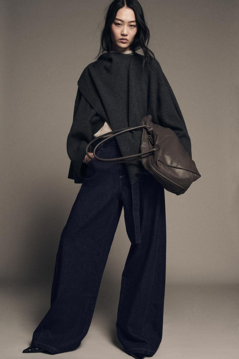 ZARA ТРИКОТАЖНАЯ НАКИДКА С ШАРФОМ, СЕРЫЙ