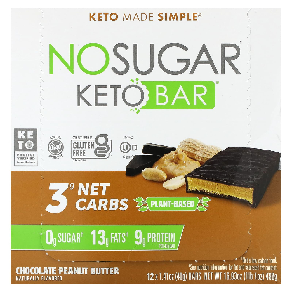 No Sugar Company, Keto Bar™, шоколад и арахисовая паста, 12 батончиков по 40 г (1,41 унции)