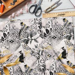 Ткань лен абстрактные ромбы с листьями