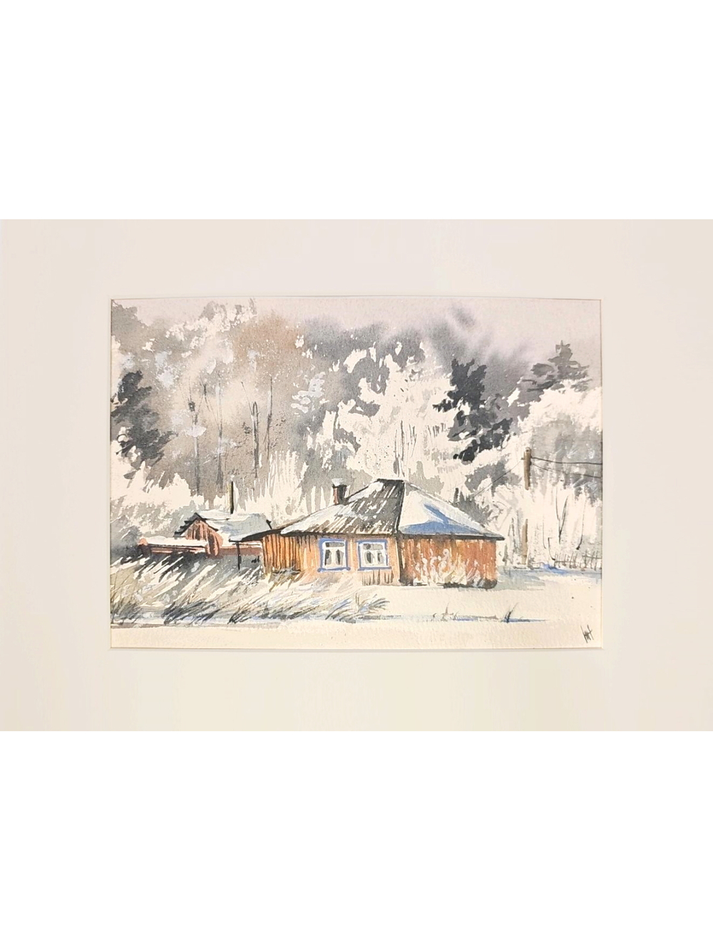 Картина авторская акварельная в паспарту 21*30 см на стену для интерьера "Зима"