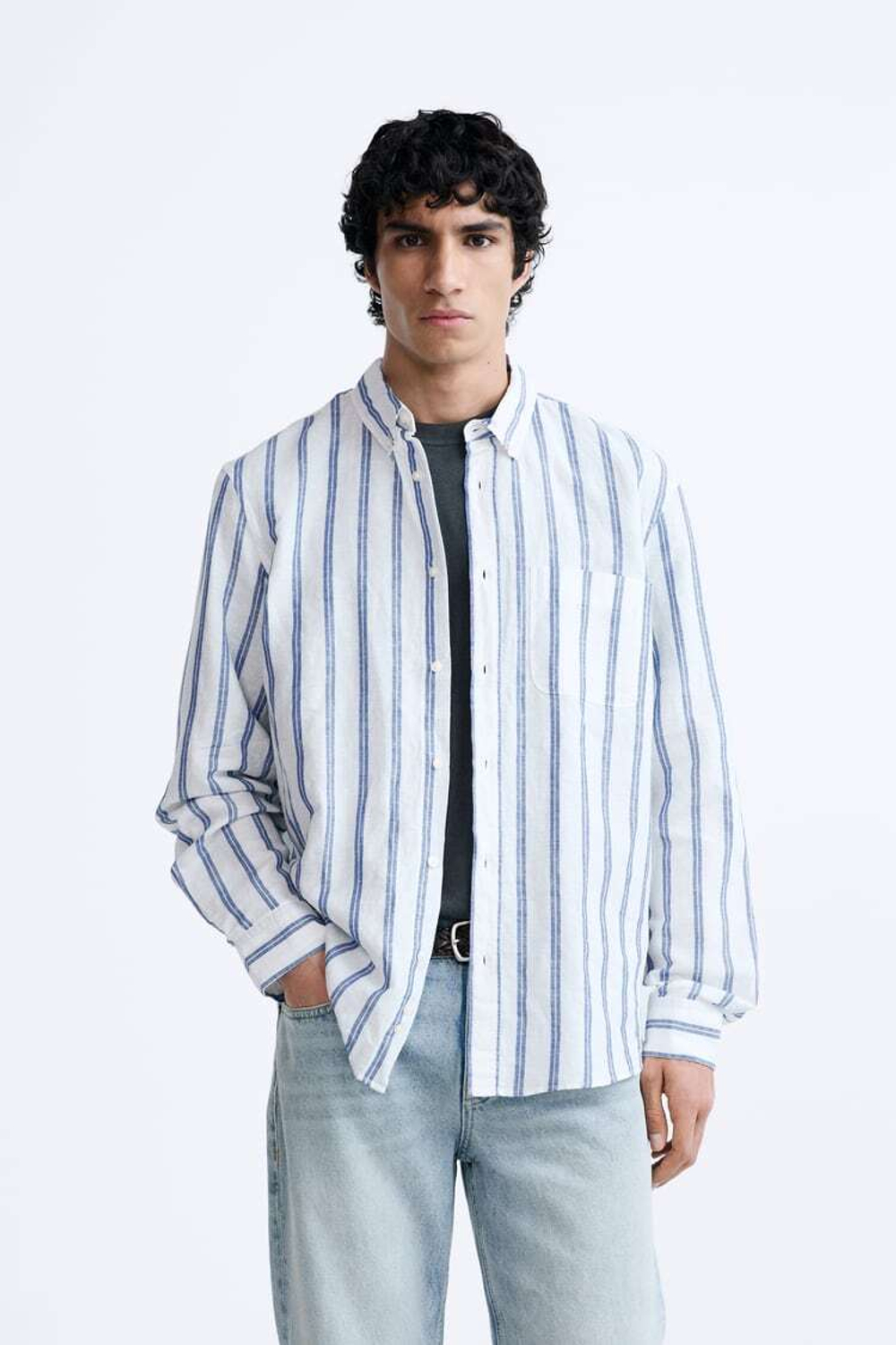 ZARA РУБАШКА ИЗ СМЕСОВОГО ЛЬНА, БЕЛЫЙ/МОРСКОЙ СИНИЙ