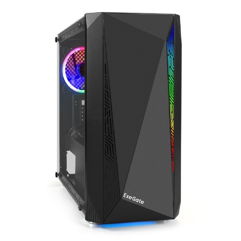 Корпус для компьютера Exegate EX294384RUS Корпус Minitower ExeGate Mistery R2 (mATX, без БП, 2*USB+1*USB3.0, аудио, черный, 1 вент. 12см с RGB подсветкой и полоса на передней панели, боковая панель - закаленное стекло)