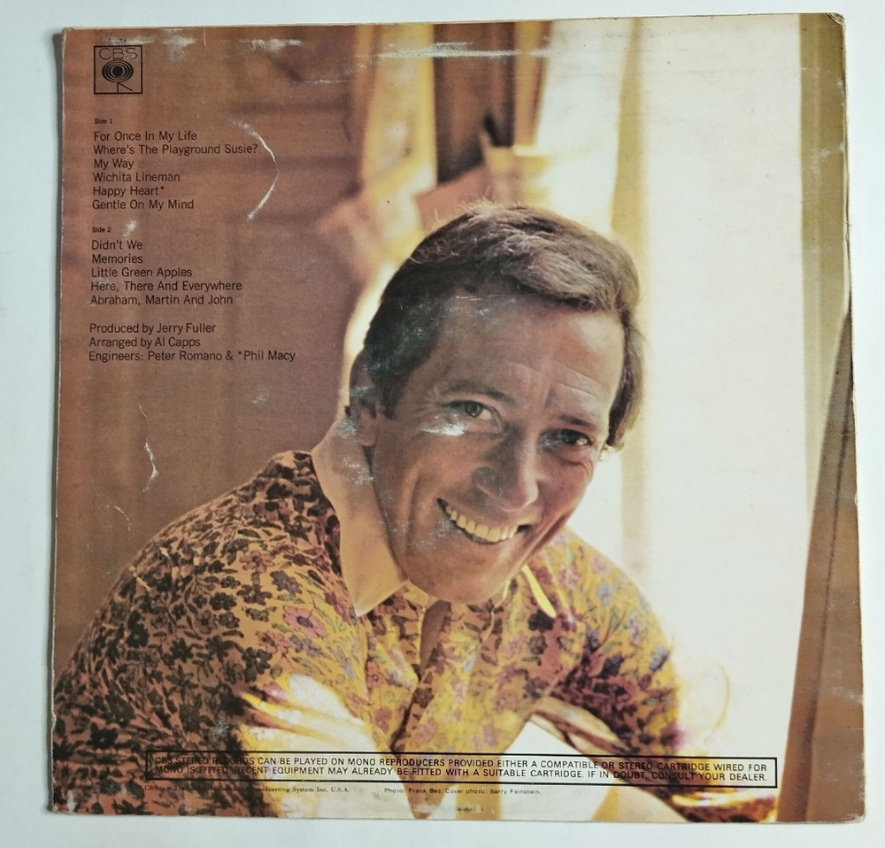 Винтажная виниловая пластинка LP Andy Williams Happy Heart (UK 1969)