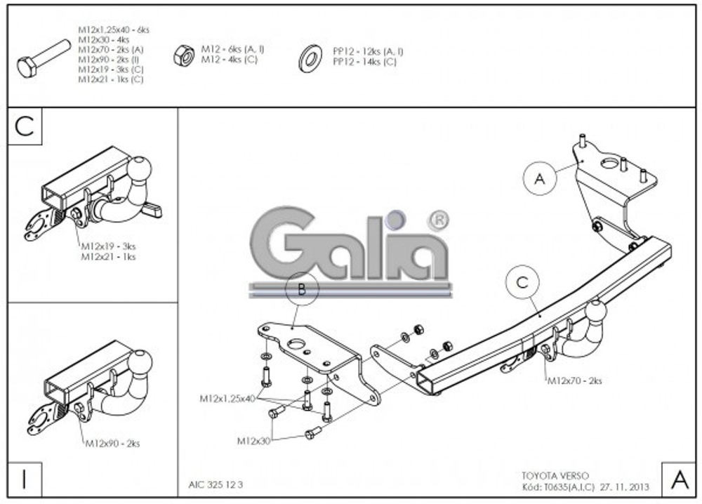 Фаркоп оцинкованный Galia T063A для Toyota Verso 2009-2013, 2013-2018(паспорт и сертификат в комплекте)(без электрики)