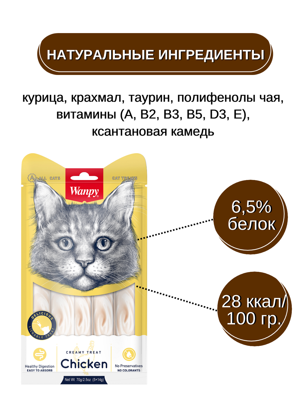 Wanpy Cat Лакомство для кошек «нежное пюре» из курицы 70 г (5шт х 14г)