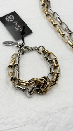 Браслет двойная цепь из звеньев скрепок с шайбой, оттенок золото и серебро