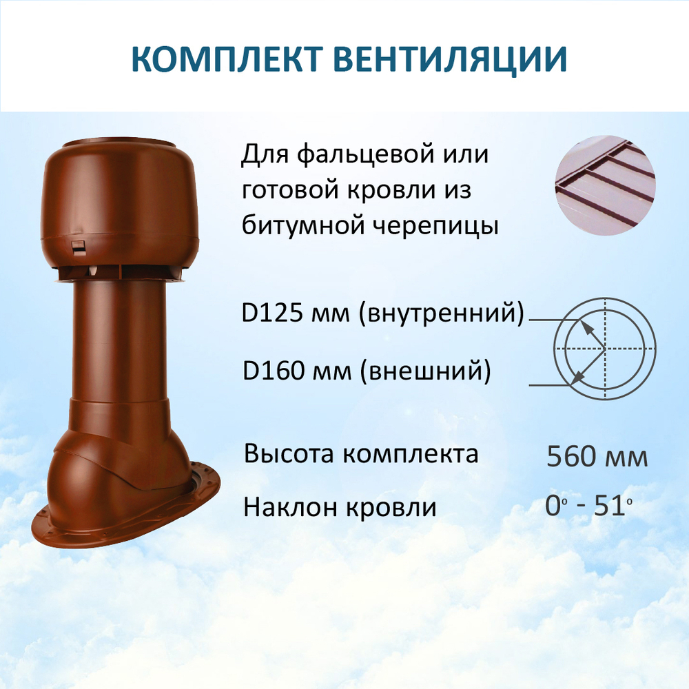 Комплект вентиляции: Вентиляционный выход изолированный D125/160 утепленный высота H=500 мм, проходной элемент SKAT для фальцевой и готовой кровли из битумной черепицы, колпак вентиляционный D160 мм, красный