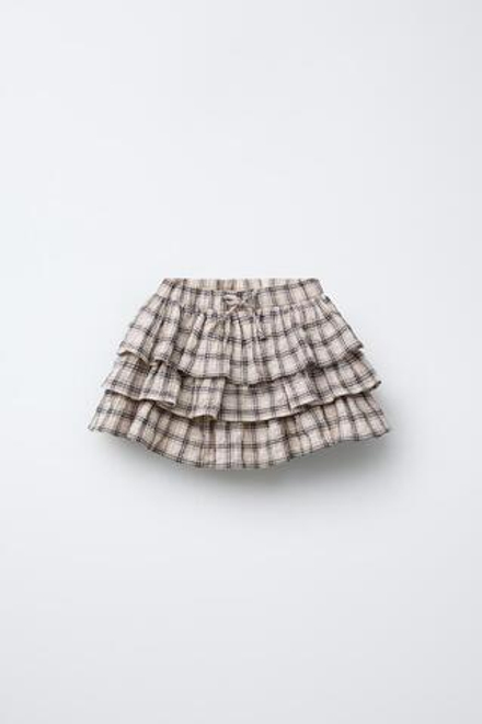 ZARA ЮБКА-ШОРТЫ В КЛЕТКУ С ВОЛАНАМИ, БЕЖЕВЫЙ