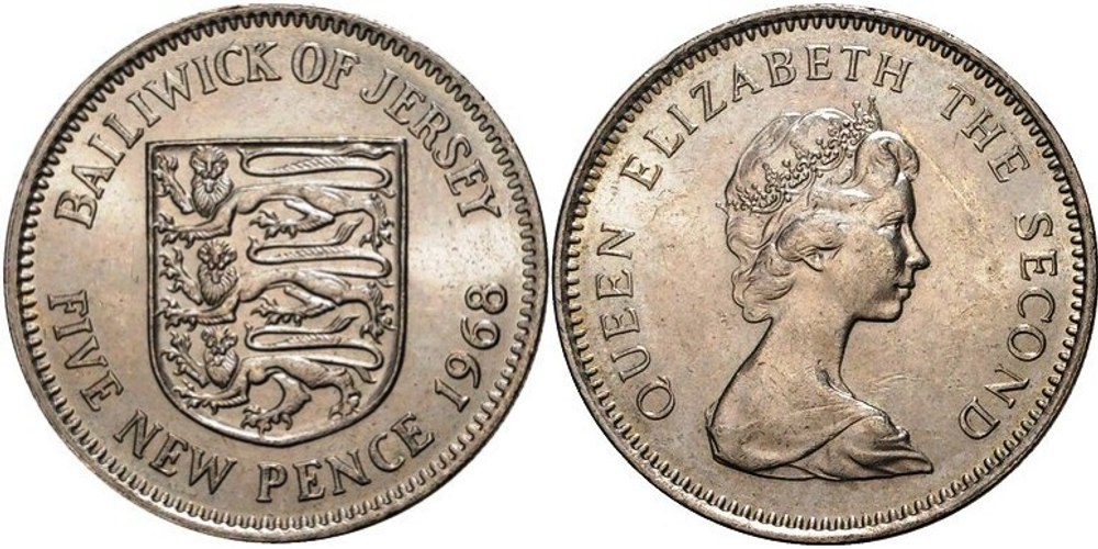 Джерси 5 новых пенсов, 1968 - 1980 Королева Елизавета II XF