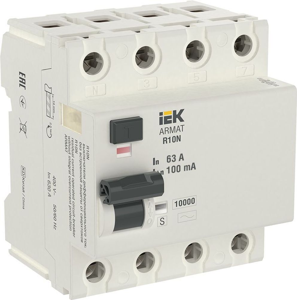Выключатель дифференциального тока УЗО R10N 4P 63А 100мА тип AC-S ARMAT IEK