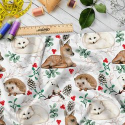 Ткань кулирная гладь реалистичные животные, брусника и шишки