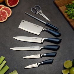 НАБОР НОЖЕЙ AGNESS С НОЖНИЦАМИ И МУСАТОМ НА ПЛАСТИКОВОЙ ПОДСТАВКЕ, 8 ПРЕДМЕТОВ (КОР=6НАБОР.)