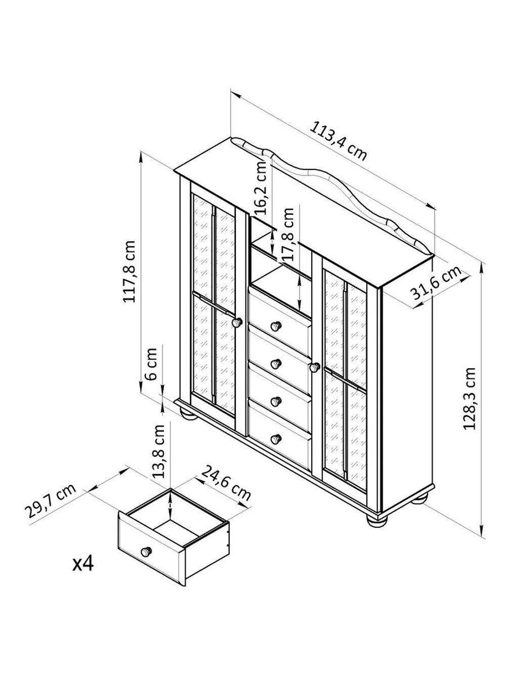 Сервант шкаф витрина Бритта двухдверный, белый, стеклянный, с полками, массив сосны, 128х113х32