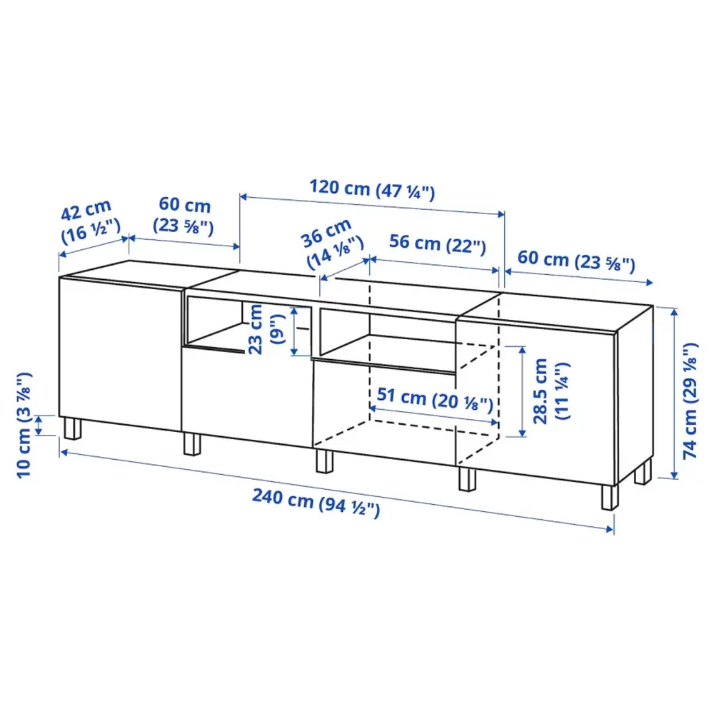 Тумба под ТВ с дверцами и ящиками - IKEA BESTÅ/BESTA/БЕСТО ИКЕА, 42х74х240 см, белый- светло-коричневый