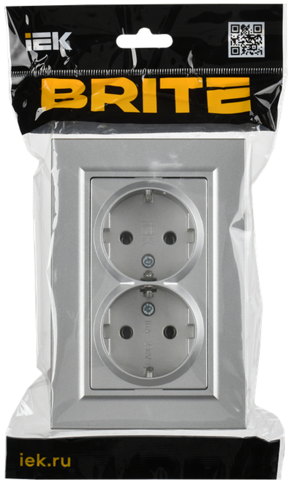 BRITE Розетка 2-местная с заземлением без защитных шторок плоская 16А в сборе РСПл12-3-БрА алюминий IEK
