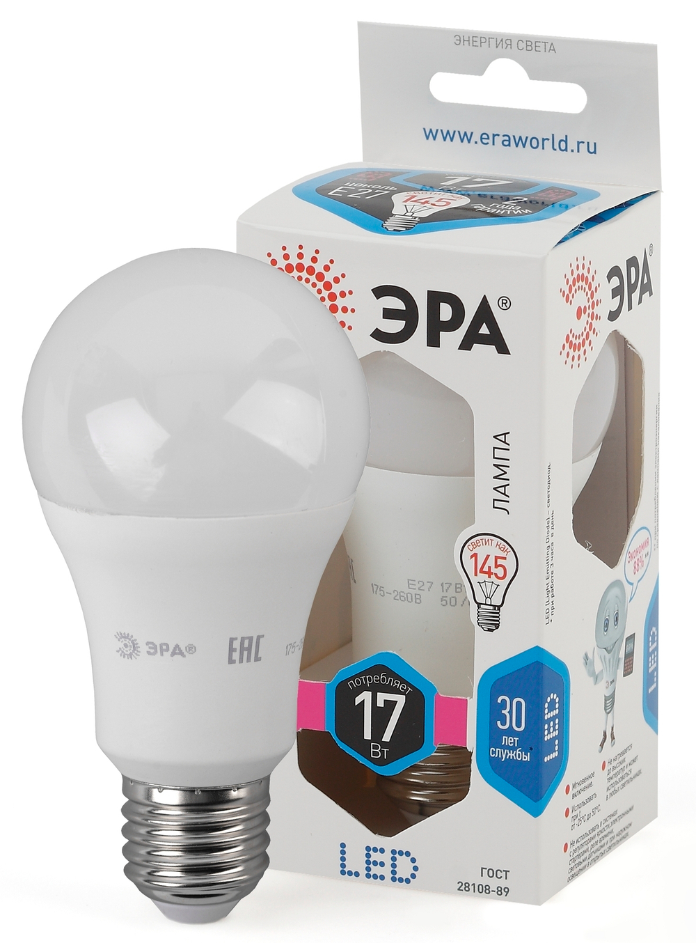 Лампа светодиодная LED-A60-17W-840-Е27 E27 / Е27 17Вт груша нейтральный белый 4000К STD ЭРА Б0031700