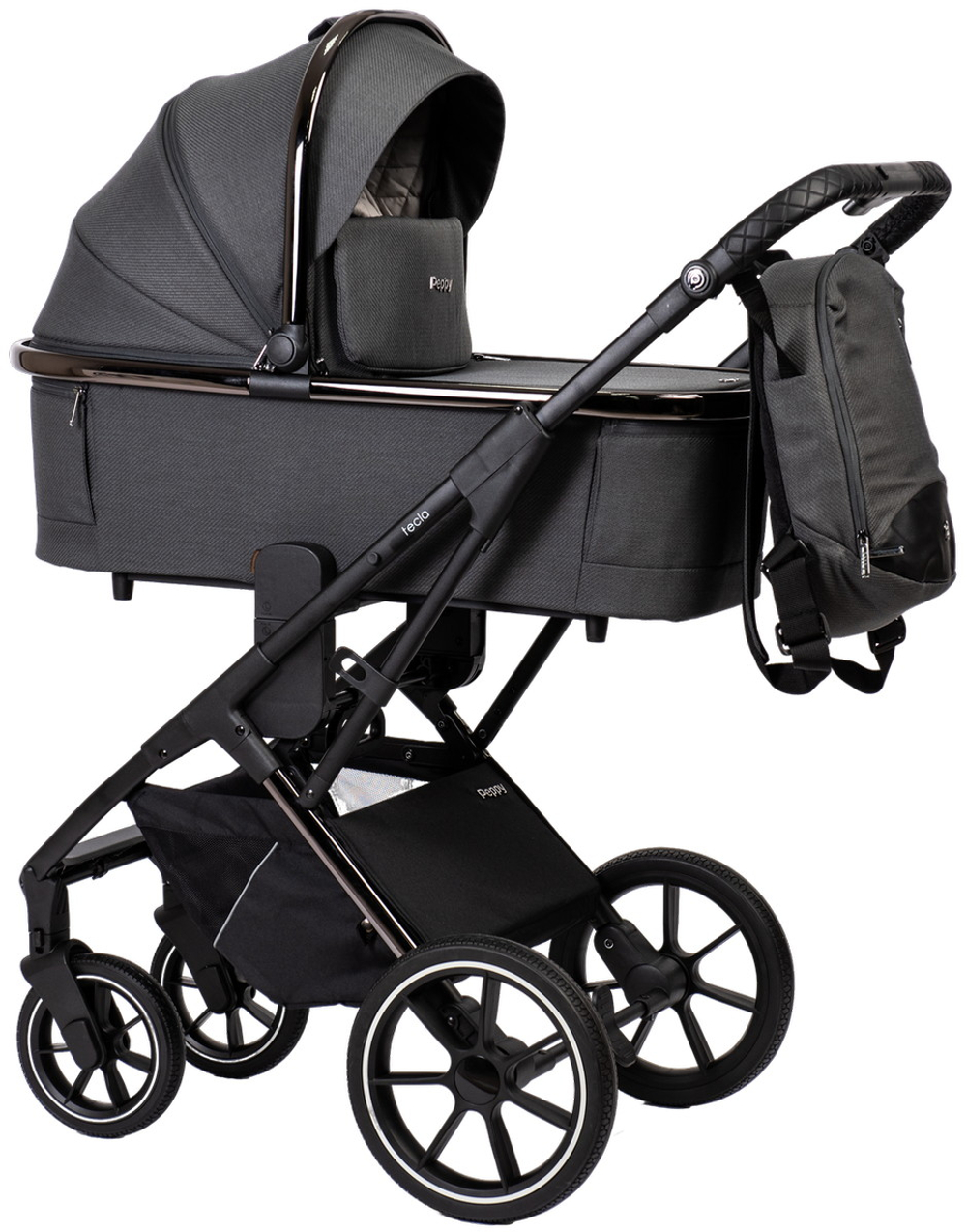 Детская коляска Peppy Tecla 3 в 1 с автокреслом Rise Milk Shadow Antrazit Chrome Edition (Графитовый)