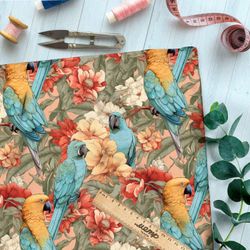 Ткань премиум интерлок попугаи в листве