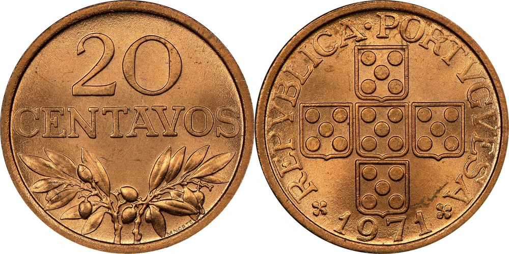 Португалия 20 сентаво, 1969-1974 Герб XF