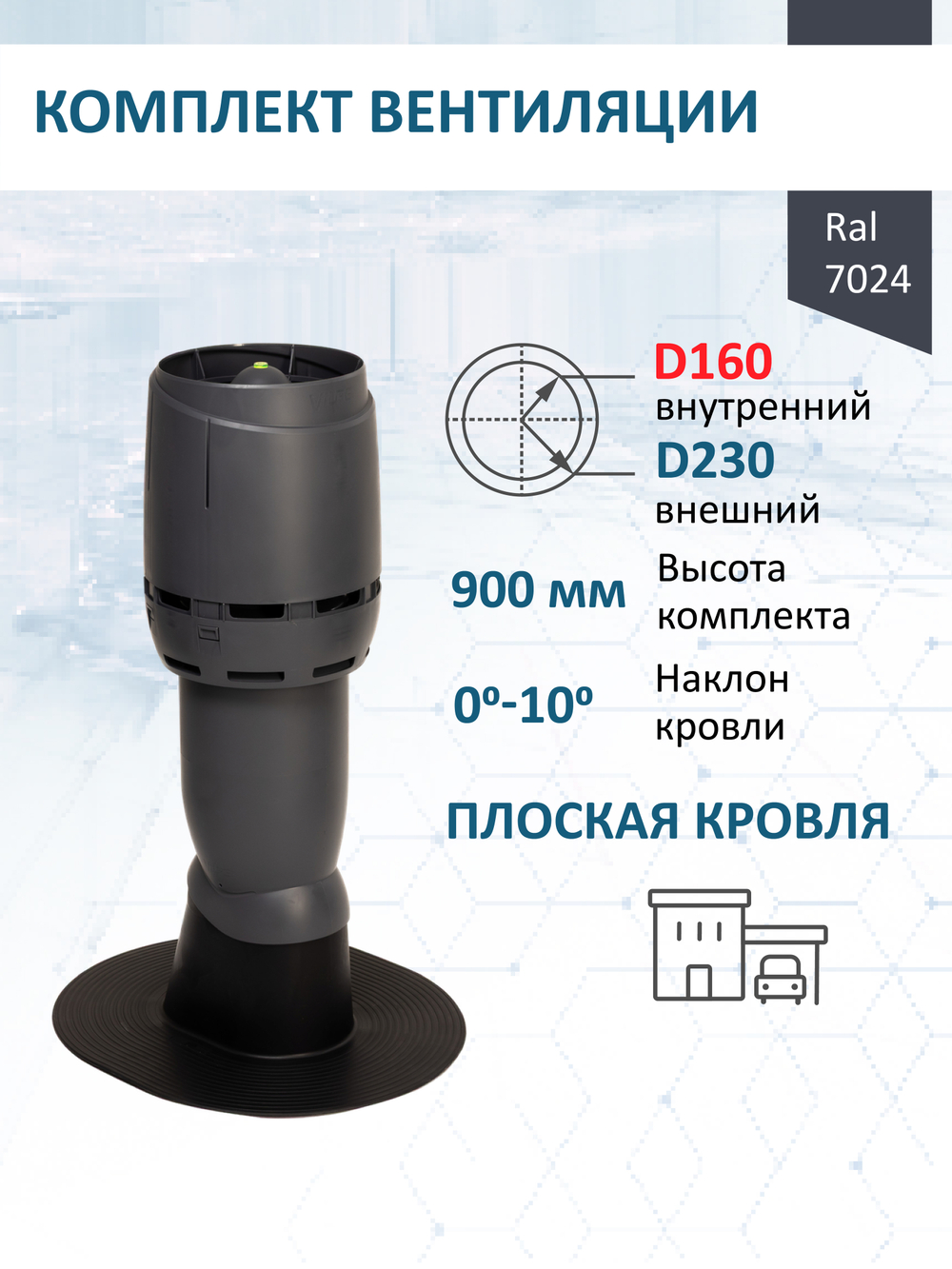Комплект вентиляции: Вентиляционный выход изолированный Vilpe D160/225 утепленный высота H=500 мм, проходной элемент для плоской кровли ТП-187, колпак Ø 230 мм, серый графит