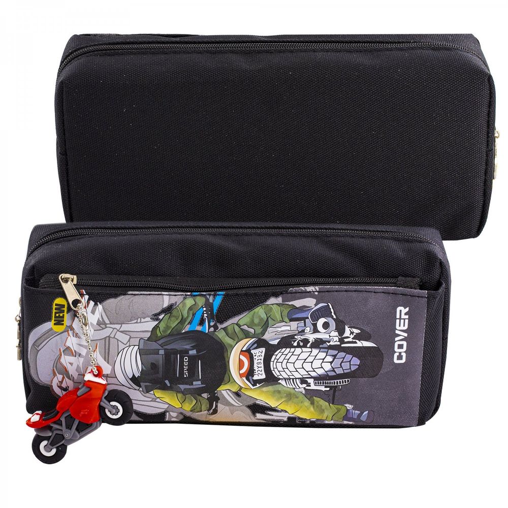 Пенал - косметичка Alingar, ПВХ, молния, боковой карман, брелок-мотоцикл, 95 х 205 мм, "NEW GAME ON", чёрный (мотоциклист)