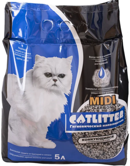 CATLITTER carbon Midi 5л. комкующийся с активированным углем