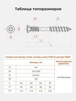 Саморез по дереву окрашенный для фассада 4.0*40 T15 , потайной, Gwozdeck, отделочный, цвет коричневый,Упаковка 200 шт