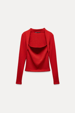 ZARA ТОП В РУБЧИК С КВАДРАТНЫМ ВЫРЕЗОМ, ЯРКИЙ КРАСНЫЙ
