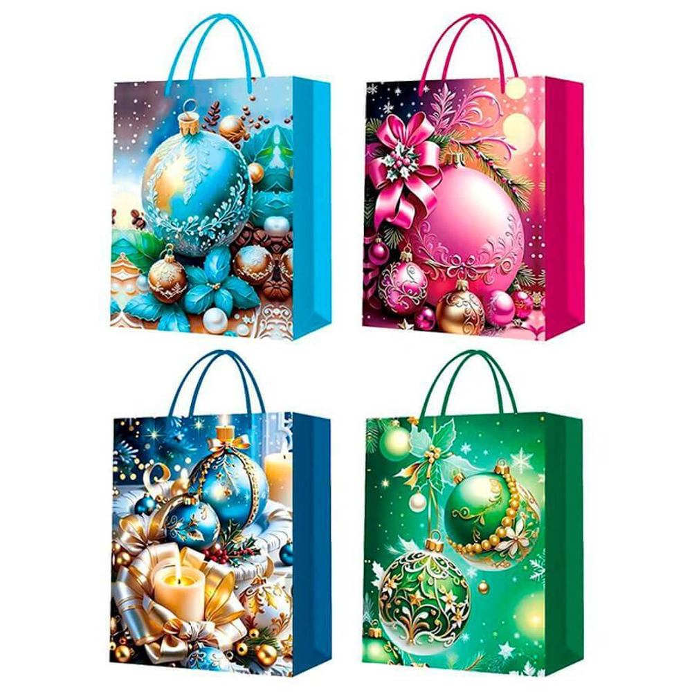 Пакет бумажный подарочный 26*32*10см. "Новый год. Шары" ассорти 4 дизайна (Mazari)