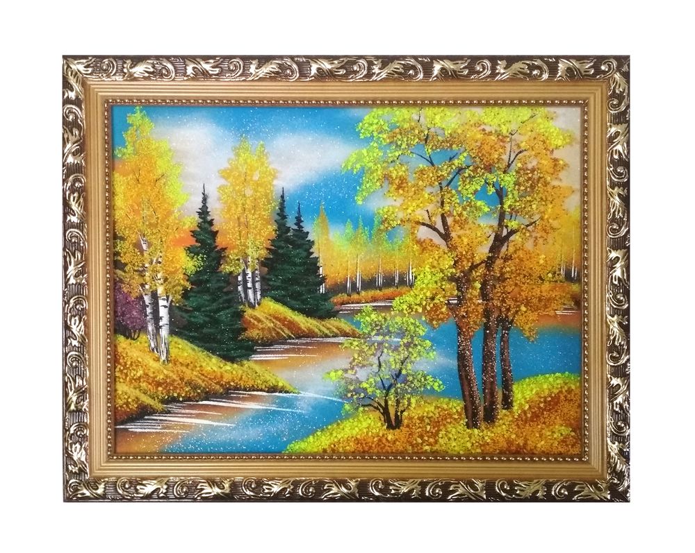 Картина №4 &quot; Осень&quot; рисованная уральскими минералами в деревянном багете, размер 47-37-2см