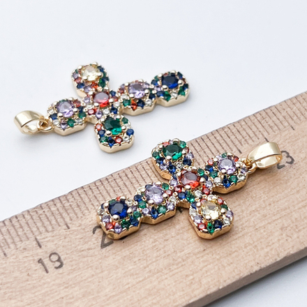 Подвеска Крест, цвет золото, цветные фианиты, размер 26*18 мм, цена за 1 шт