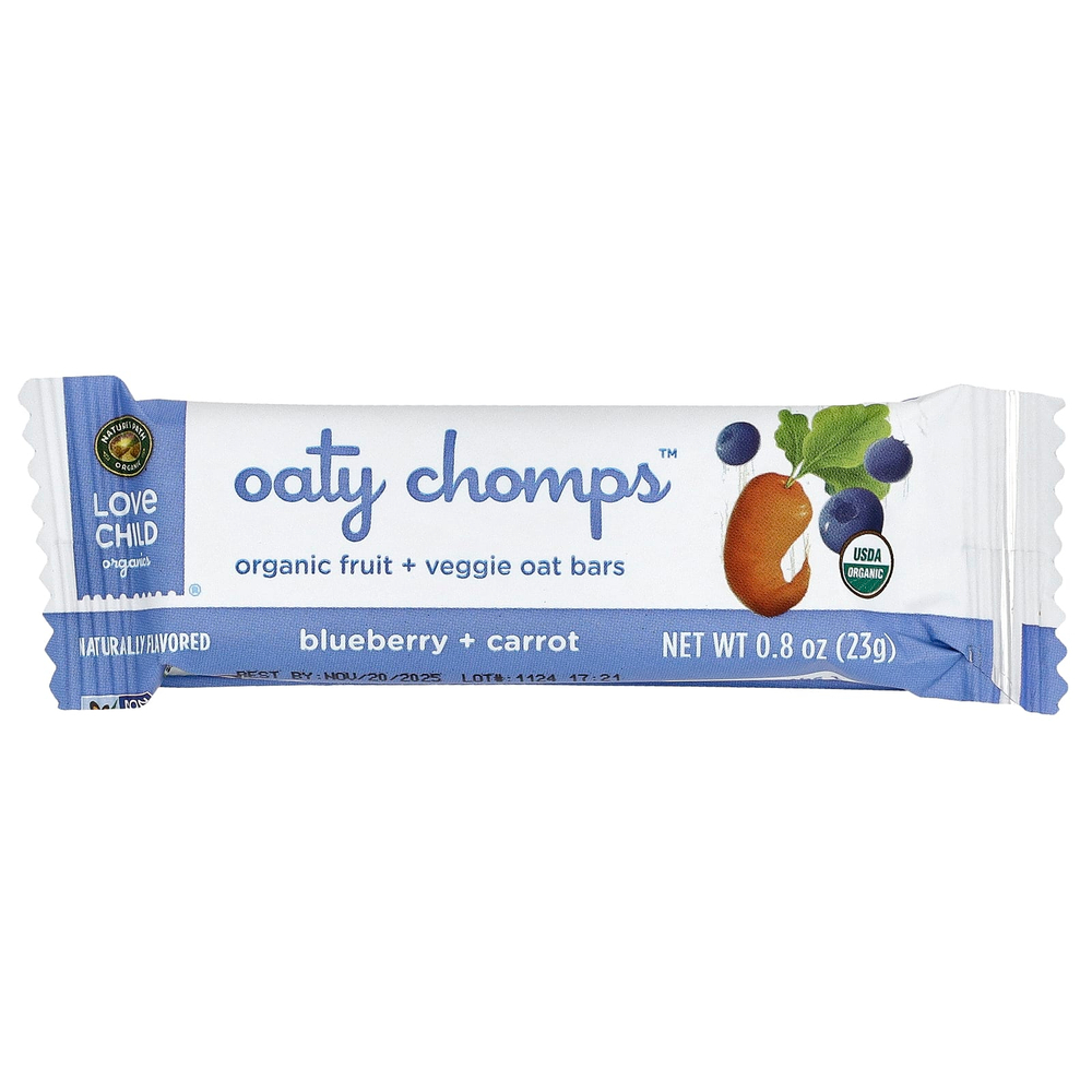 Love Child Organics, Nature's Path, органические батончики Oaty Chomps™, для детей от 12 месяцев, голубика и морковь, 5 батончиков в индивидуальной упаковке, 23 г (0,8 унции)