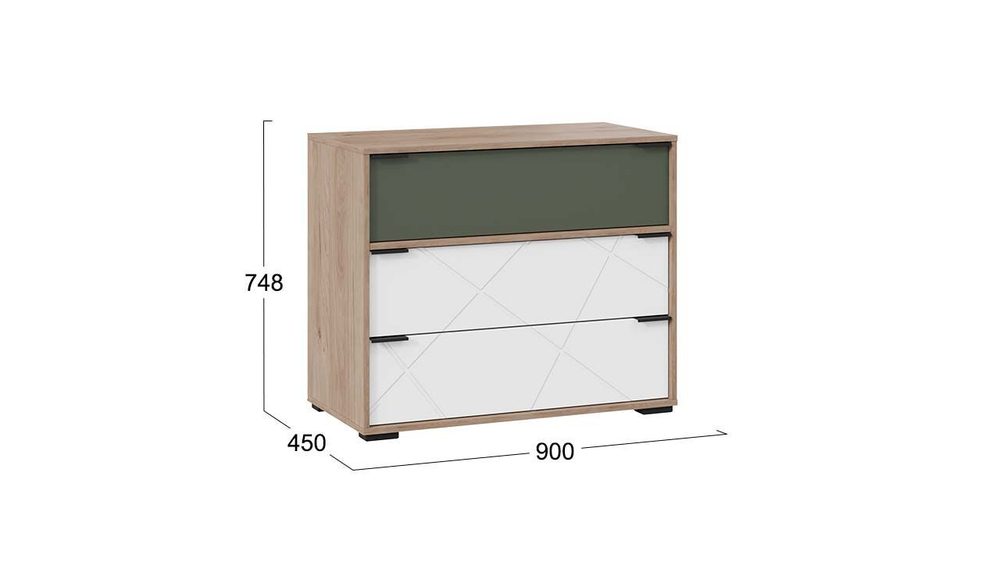 Комод для одежды с ящиками Гикори джексон/Белый матовый/Дымчатый зеленый 3 ящика 90х45х75 см