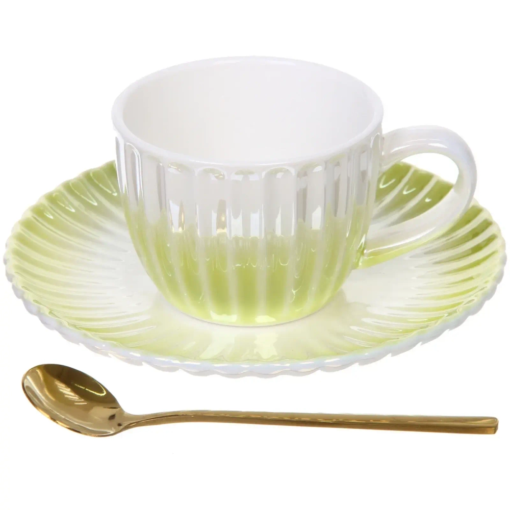 Чайная пара «Жемчужный блеск» (кружка 180мл, блюдце, ложка) салатовый