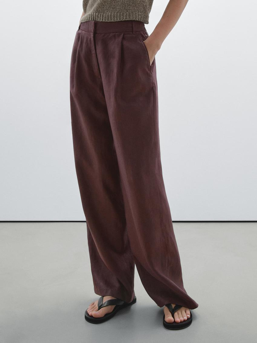 Massimo Dutti Брюки из 100% льна с широкими штанинами и эластичной деталью, коричневый