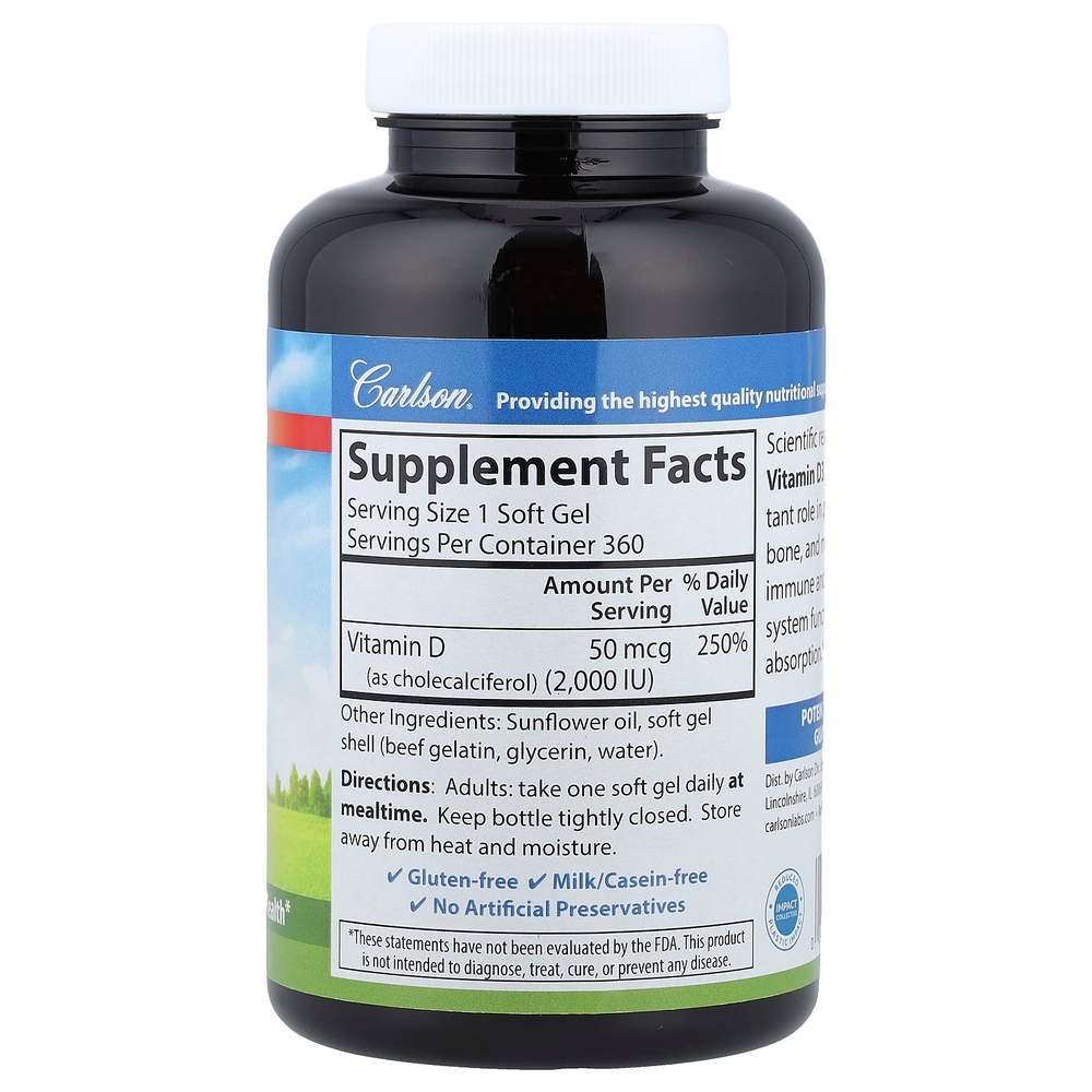 Carlson, витамин D3, 2000 МЕ (50 мкг), 360 мягких таблеток