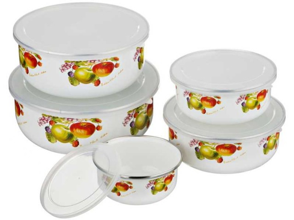 Набор мисок Agness Фрукты 5шт 200/320/560/820/1080мл эмаль,крышки пластик